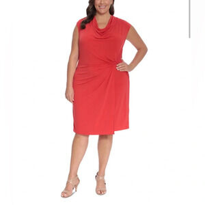 NWT Woman’s Plus Size Red Cowl-Neck Faux Wrap Sheath Midi Dress 18W